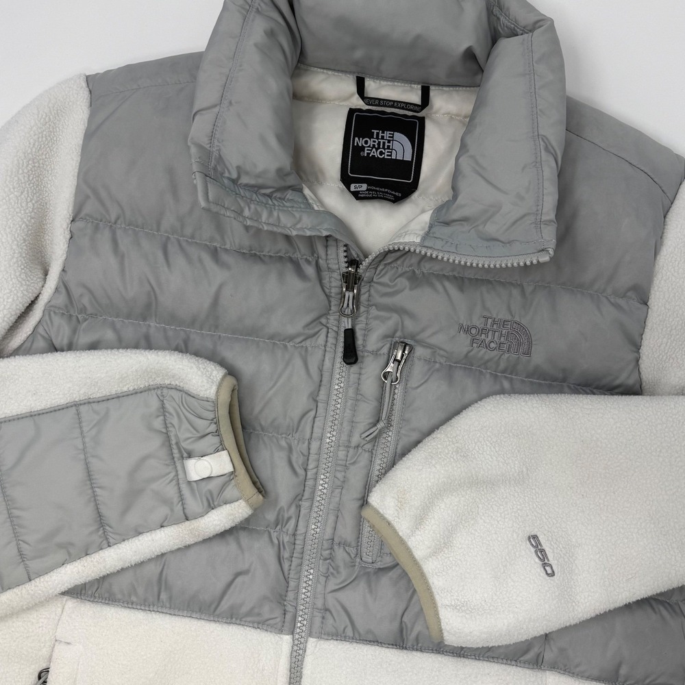 The North Face Womens Small Denali 550 Down Hybrid Fleece Jacket Grey White